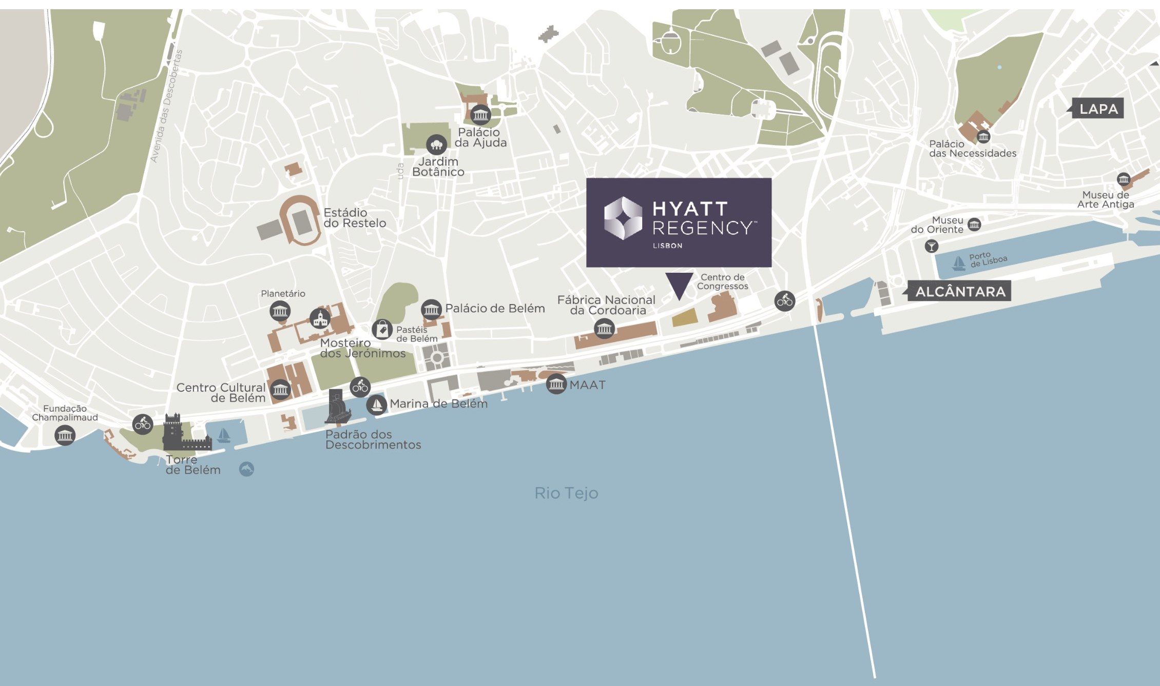 Mapa de Belém com a localização do Hyatt Regency Lisboa, entre a Torre de Belém e Alcântara, junto ao Centro de Congressos e ao Tejo