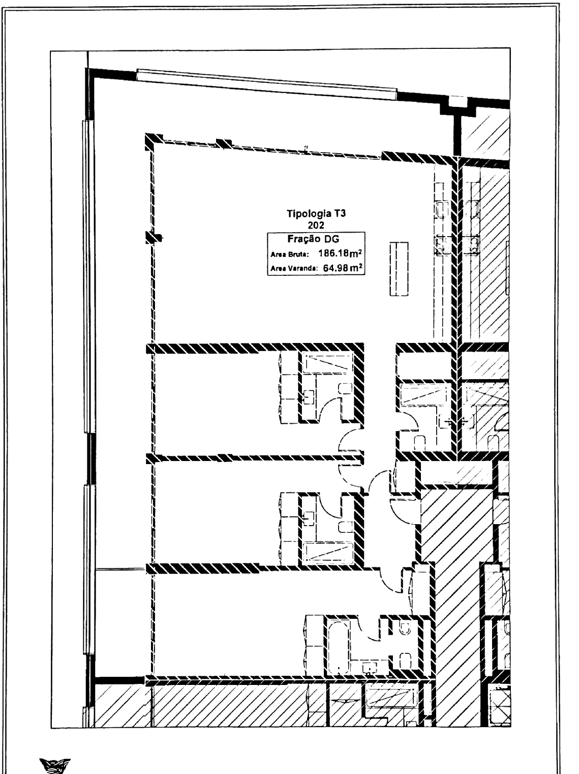 Planta do apartamento T3 302 (fração DG) no Hyatt Regency Lisboa Residences, 186,13 m² privativos