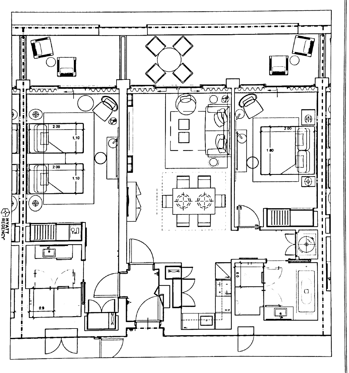 Planta do apartamento T2 303 (fração DF) no Hyatt Regency Lisboa Residences, 108,92 m² privativos
