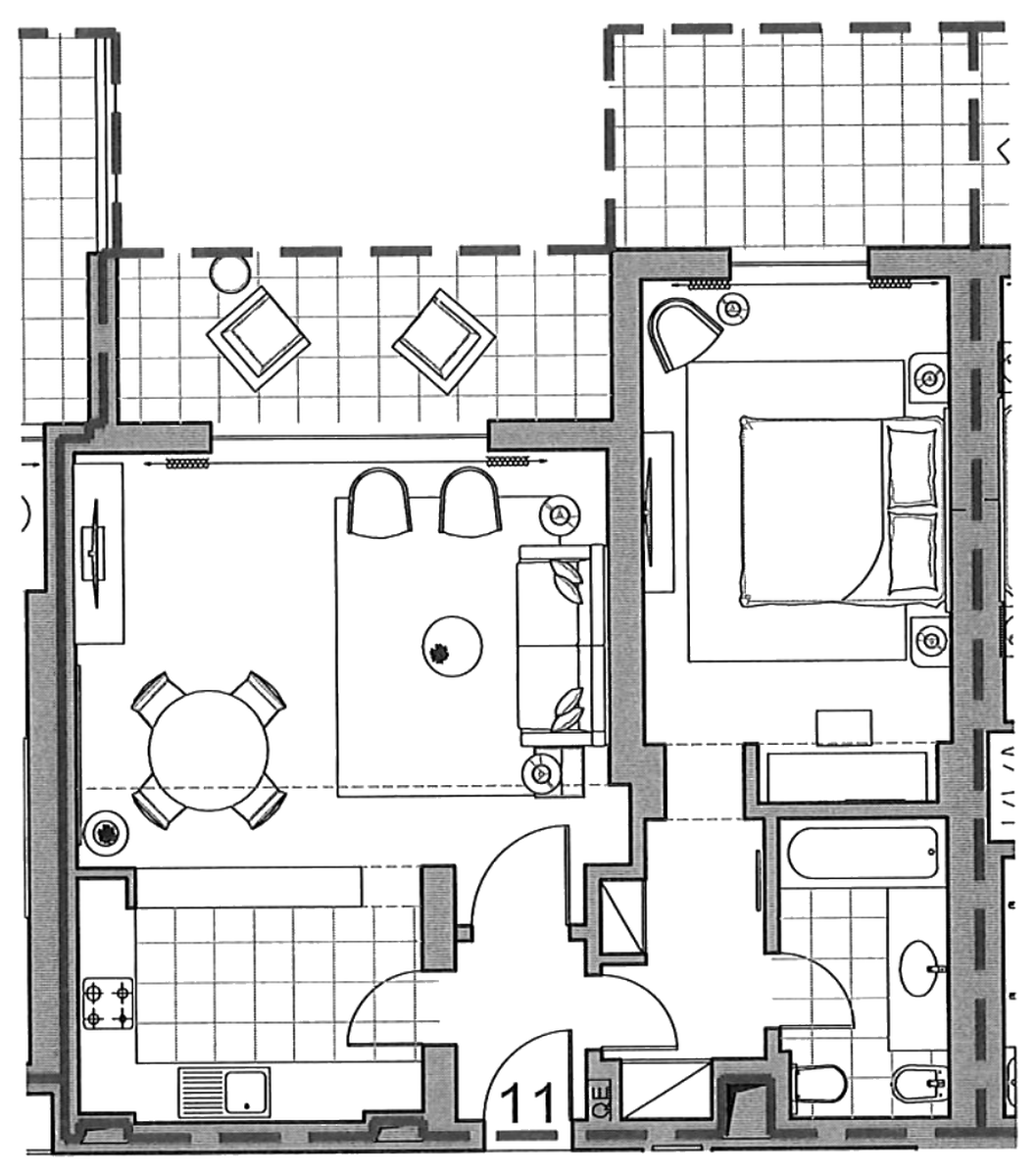 Planta do apartamento T1 011 (fração AAM) no Sheraton Cascais Resort, 71,40 m² privativos