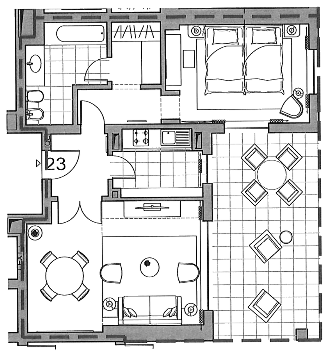 Planta do apartamento T1 023 (fração ABC) no Sheraton Cascais Resort, 70,01 m² privativos
