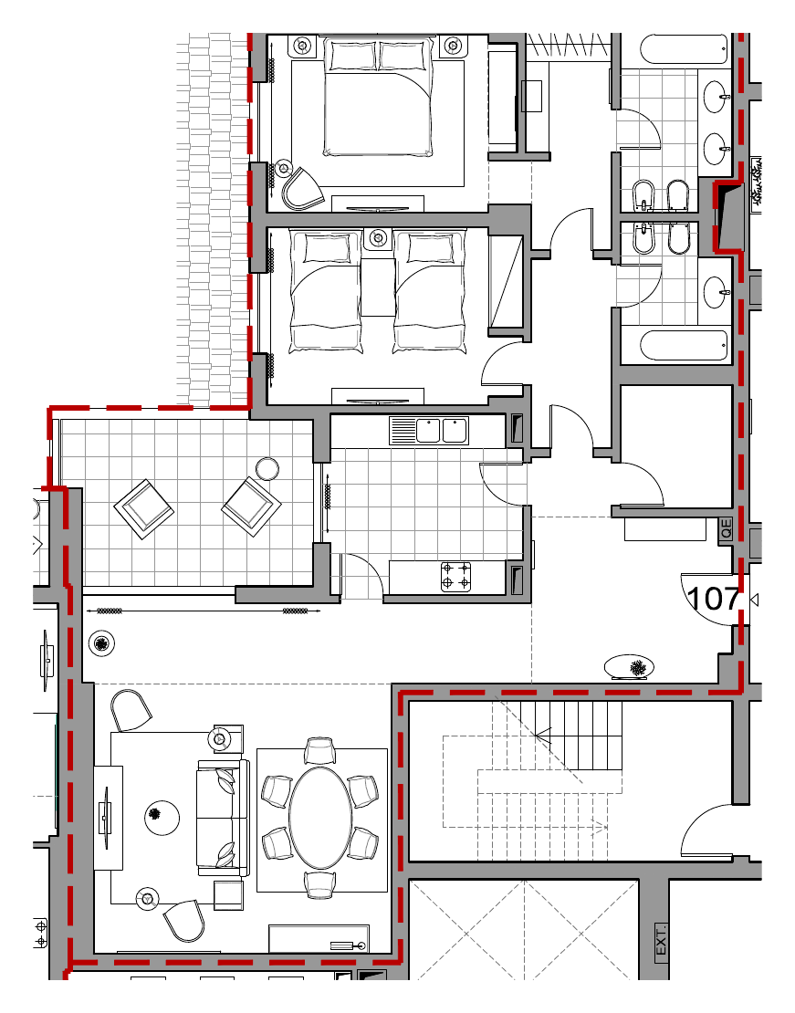 Planta do apartamento T2 107 (fração ACO) no Sheraton Cascais Resort, 128,49 m² privativos