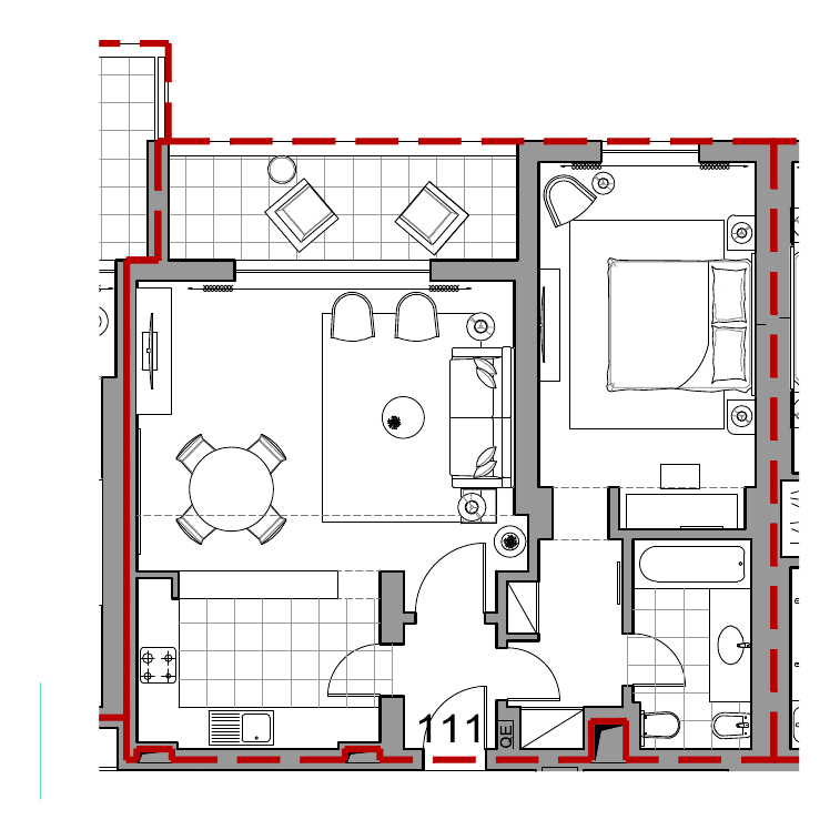 Planta do apartamento T1 111 (fração ACS) no Sheraton Cascais Resort, 71,65 m² privativos