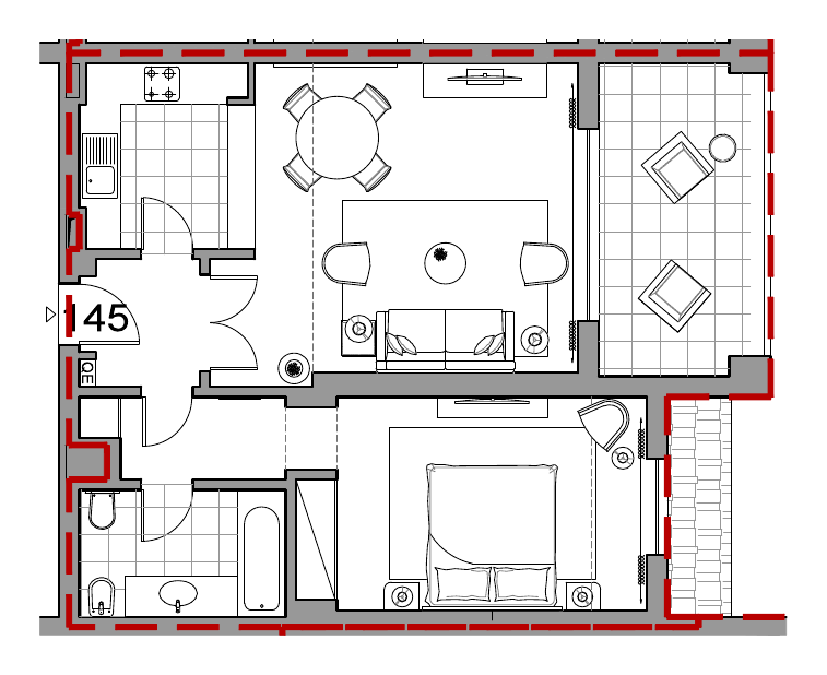 Planta do apartamento T1 145 (fração AEC) no Sheraton Cascais Resort, 67,24 m² privativos