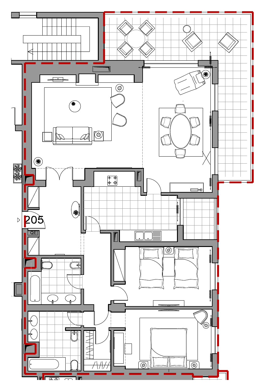 Planta do apartamento T2 205 (fração AER) no Sheraton Cascais Resort, 156,38 m² privativos
