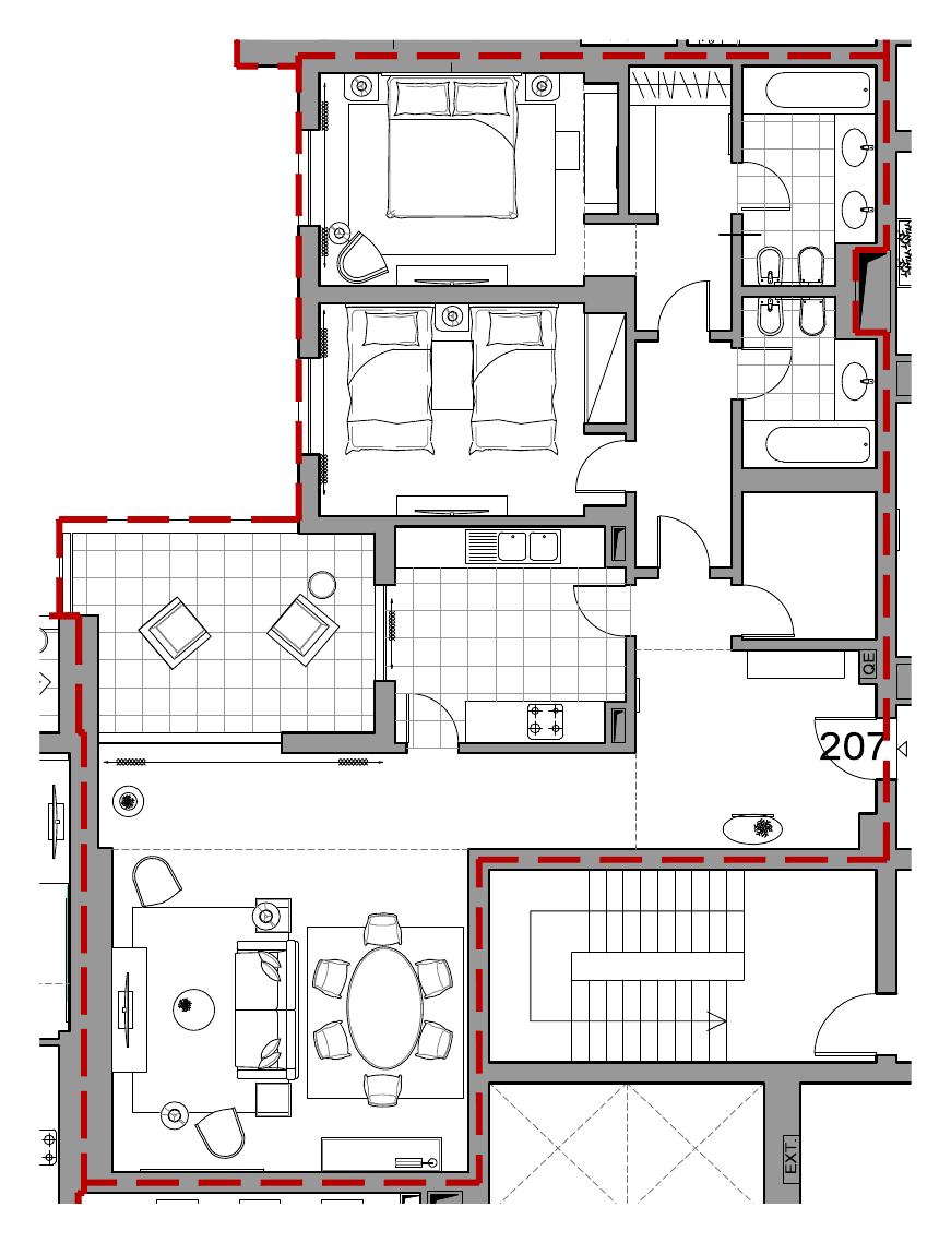 Planta do apartamento T2 207 (fração AET) no Sheraton Cascais Resort, 128,53 m² privativos