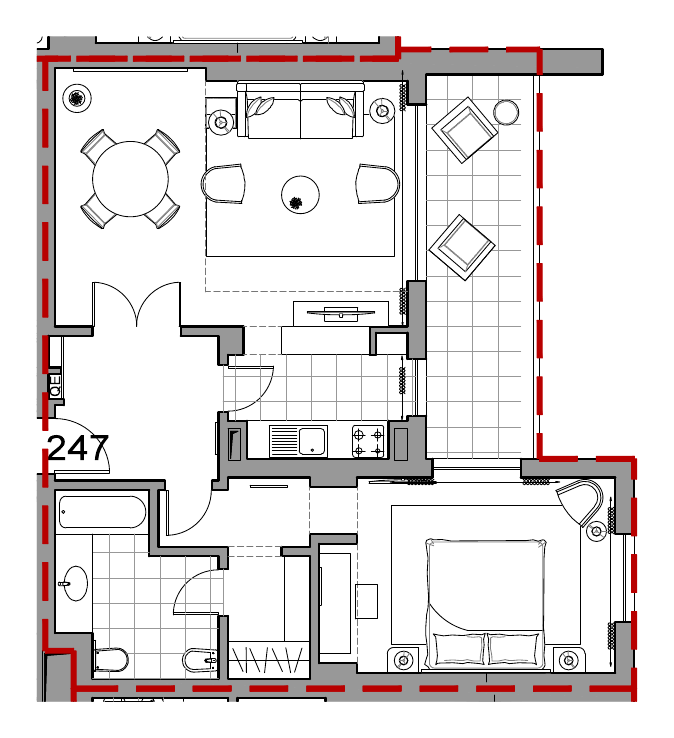 Planta do apartamento T1 247 (fração AFQ) no Sheraton Cascais Resort, 71,57 m² privativos